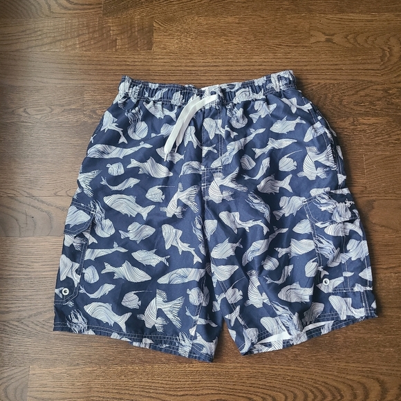 Beverly Hills Polo Club Blue Fish Print Boys Swim Shorts Sz.L - Picture 1 of 8